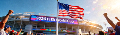2026年世界杯联合主办国美国国旗飘扬在体育场前的壮观景象